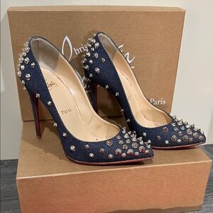 Christian Louboutin Denim Studded Heels aimantaclou 100 denim blue silver